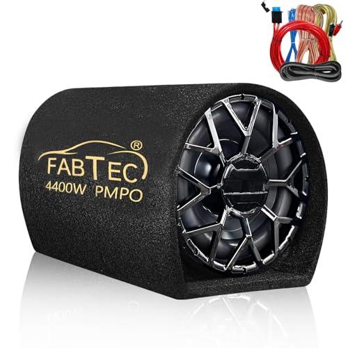 Image of FABTEC 8 inch Car Bass Tube Subwoofer with Inbuilt Amplifier Deep Bass & Powerful Sound Premium Grey Finish with Amplifier Wire kit