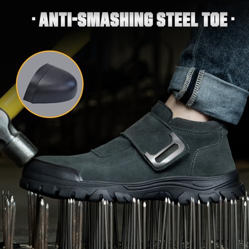 Image of Hogent Welding Work Boots for Men Slip on Steel Toe Shoes for Men Soft Comfortable Safety Boots Mens Work Boots Indestructible Puncture Proof Construction Boots for Men Safety Toe Footwear for Welder