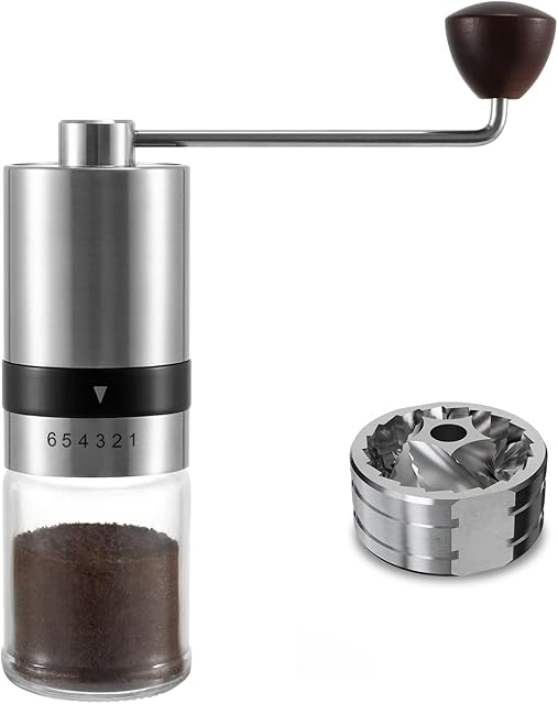 Vevouk Sliver Manual Burr Coffee Grinder, 6 Coarseness Settings, CNC Stainless Steel Burr Mill, Capacity 30g Portable Hand Coffee Grinder Manual Coffee Grinder Hand Stainless Steel Hand Crank