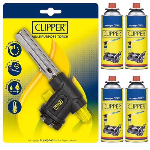 Clipper - Soplete Multiusos + Cartucho de 400ml de Gas Universal (4 uds) | Válvula GLP250 | Ideal para Flamear, Caramelizar y usar en Barbacoas | Cocina & Acampada
