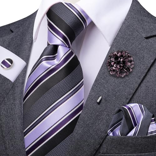 Image of Dubulle Mens Tie and Lapel Pin Paisley Striped Floral Necktie for Men Pocket Square Cufflinks 4PCS Set Wedding Party