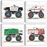 Monster Truck Wall Decor Car Posters for Boys Room Wall Art Cartoon Firetruck Garbage Police Ambulance Vehicle Canvas Pictures Artwork Toddler Room Decor Kids Bedroom Nursery Home Decoration 12&times;12'