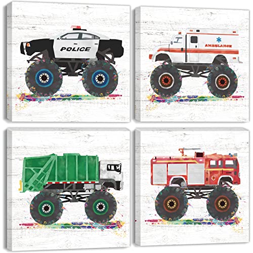 Monster Truck Wall Decor Toddler Room Decor For Boys Construction Car Pictures Kids Wall Art Bedroom Cartoon Firetruck Garbage Police Ambulance Vehicle Canvas Posters Nursery Home Decorations 12×12" 4Pcs #TOP24