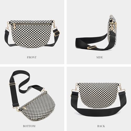 Image of Woven Crossbody Bags For Women, Checkered PU Waist Pack Travel Sling Bag | Adjustable Strap for Travel, Festivals, Beach Vacations, Dating & Daily Shopping(Black Checkered)