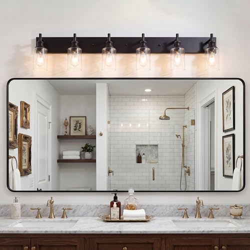 Image of 6 Light Bathroom Vanity Lights - Black Bathroom Lighting Fixtures Over Mirror with Clear Glass Shades, Modern Farmhouse Wall Sconces Lighting Vanity Fixture