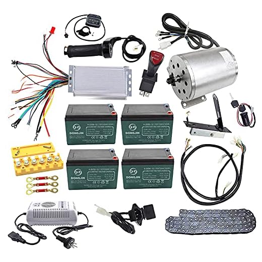 ZXTDR Full Set of 48V 1800W Brushless Electric Motor Controller Throttle Grip Pedal Wiring Harness Ignition Key 4 x12V Battery for Go Kart Scooter E-Bike Motorized Bicycle ATV Mini Bike