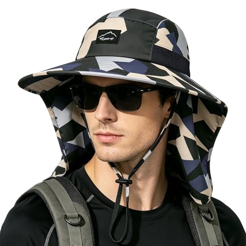 Image of Rosoz Outdoor Sun Hat for Men Women, UPF50+ Protection Safari Cap Wide Brim Mesh Fishing Hat with Neck Flap Beach Garden