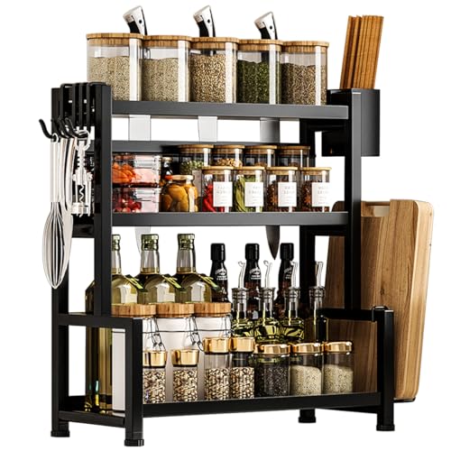 Spice Rack Organizer, 3 Tier Kitchen Shelf Organizer for Countertop Large Metal Counter Spice Storage Shelf with Hooks, Standing Seasoning Jar Bottle Knife Utensil Holder Rack for Kitchen Restaurant