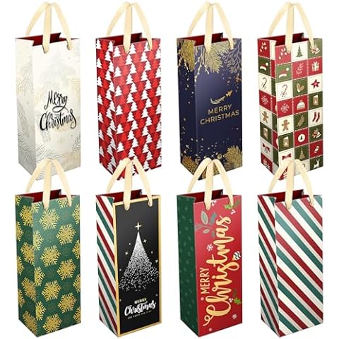 DeckTheHalls Christmas Gift Bags, 8 Pcs Wine Gift Bags with Unique Christmas Designs, Christmas Goody Bags with Ribbon Handles, Reusable Wine Bottle Wrap Bags for Christmas, Engagements & Party Cover