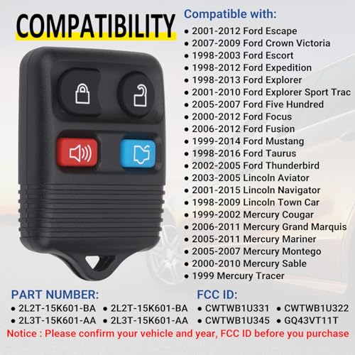 Image of Vurkcy Keyless Entry Remote Key Fob Compatible with Ford Escape Explorer Expedition Focus Fusion Mustang Taurus, Lincoln, Mercury, Mazda, Replacement for CWTWB1U345, 4 Button (Pack of 2)