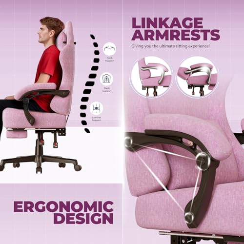 Image of GTPLAYER Big and Tall Gaming Chair 400lbs Heavy Duty Office Chair with Foot Rest, High Back Pocket Spring Ergonomic Computer Chair for Adults, Wide Comfy Seated Cushion with Linkage Armrests, Pink