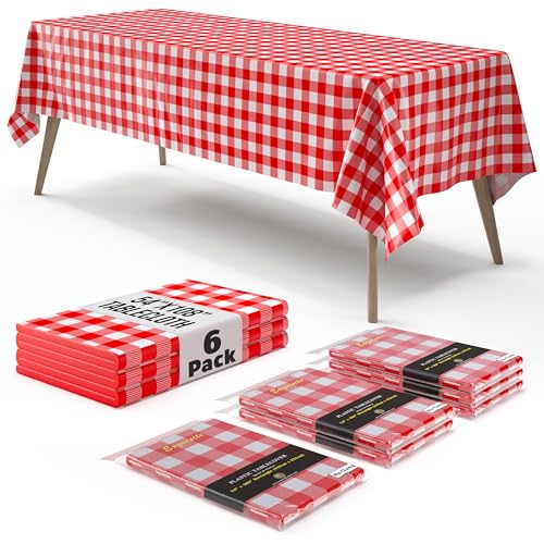Exquisite Picnic Table Cover - 6 Pack Premium Rectangle Plastic Tablecloth - Red & White Checkered BBQ Table Cover - Gingham Checkerboard Disposable Tablecloth 54