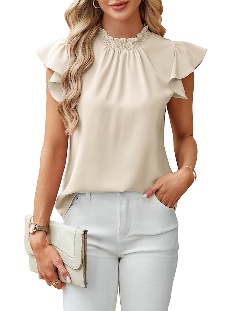 Toplop Tshirt Damen Sommer Kurzarm Rüschenärmel Bluse Shirt Elegant Mock Neck Oberteil Tunika Tops