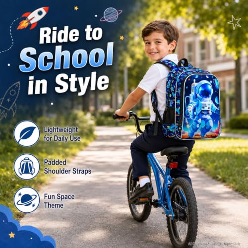 Image of AGSDON 3PCS Astronaut Backpack for Boys, 16 inch Little Kids Preschool Bookbag, Elementary Backpacks and Lunch Box - Blue