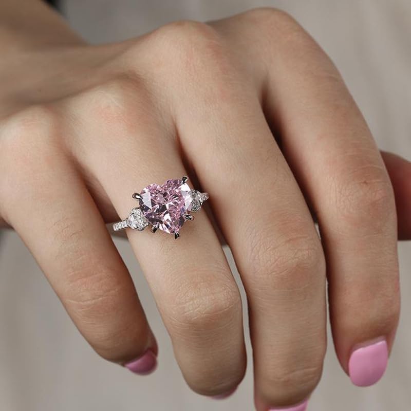 14K Gold Silver Plated Heart Shaped Pink Gemstone 5A+Cubic Zirconia Iced Shiny Promise Wedding Ring Women's Fashion Love Ring CZ Diamond Eternal Engagement Wedding Size 6