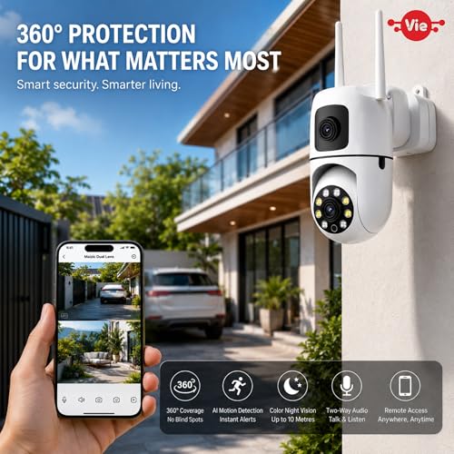 Image of VIE 5MP Dual Lens WiFi CCTV Camera for Home Outdoor 360 Degree PTZ | AI Motion Detection CC Camera Colour Night Vision Two-Way Audio App | Security Cameras for Home & Office