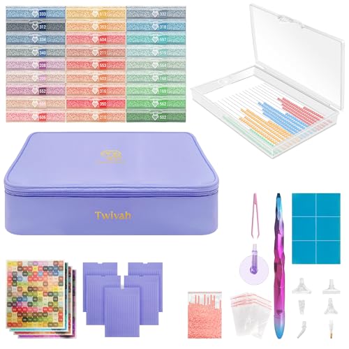 Image of Twivah 27 Pcs Diamond Art Storage with Bag, 2-in-1 Diamond Art Trays Container with Lids, Diamond Painting Accessories with Color Stick, Diamond Art Kits for Adults & Kids Christmas, Birthday (Purple)
