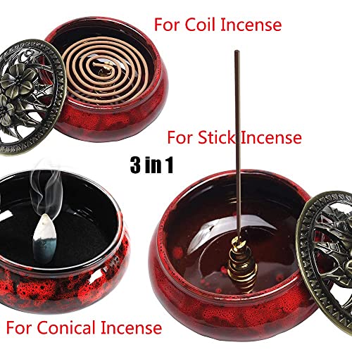 Incense Burner 3 In 1 Ceramic Stick Incense Cone Coil Incense Holder With Brass Lid For Home Decor Yoga Spa Meditation (Red) #TOP1