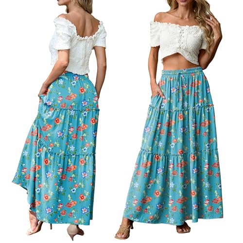 Image of Lepunuo Womens Casual Boho High Waisted Flowy Maxi Skirts Tiered Floral Long Skirts with Pockets for Summer Beach Vacation