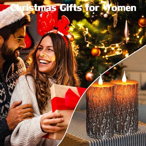 Image of Pine Bark Flameless Candles Set of 2, Christmas Candles with Remote & Timer