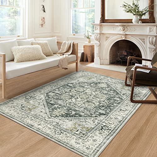 Persian Washable Area Rug 5X7 Ft,Large Boho Living Room Rug Vintage Non-Slip Indoor Rug For Bedroom,Low-Pile Retro Carpet Print Distressed Accent Rug For Nursery Entryway Office,Grey/Sage #TOP5