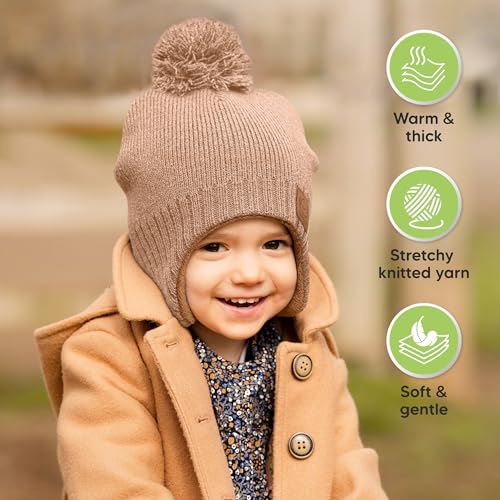 Image of Baby Beanie Winter Hat 6-36 Months - Cute Pom Winter Baby Hats with Earflaps, Soft & Stretchy Knit Toddler Beanies for Infant, Newborn 6-36 Months Boys, Girls, Cozy, Warm Fall Essentials (Dune, M)