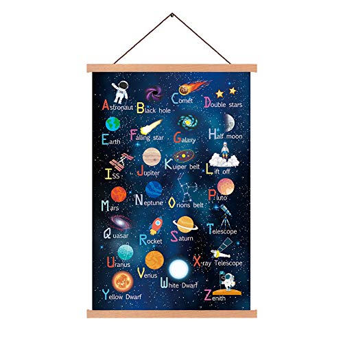 Image of KAIRNE Outer Space Art Print with Wood Magnetic Poster Hanger Frame, Astronomy Alphabet Letters Canvas Wall Art,Abstract Universe Educational Poster,40X64CM Hanging Painting for Home Classroom Decor