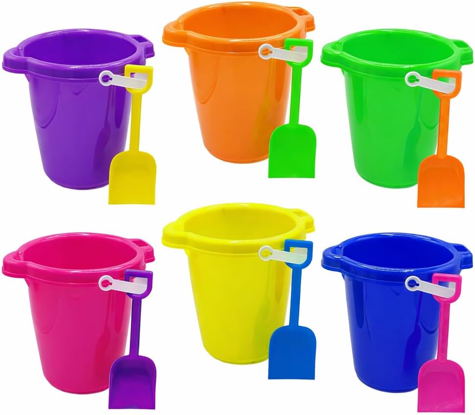 4E's Novelty 6 Pack 7.5" Beach Buckets and Shovels for Kids Bulk - Strong Large Sand Bucket for Toddler Beach Toys for Kids 3-10, Sandbox Toys