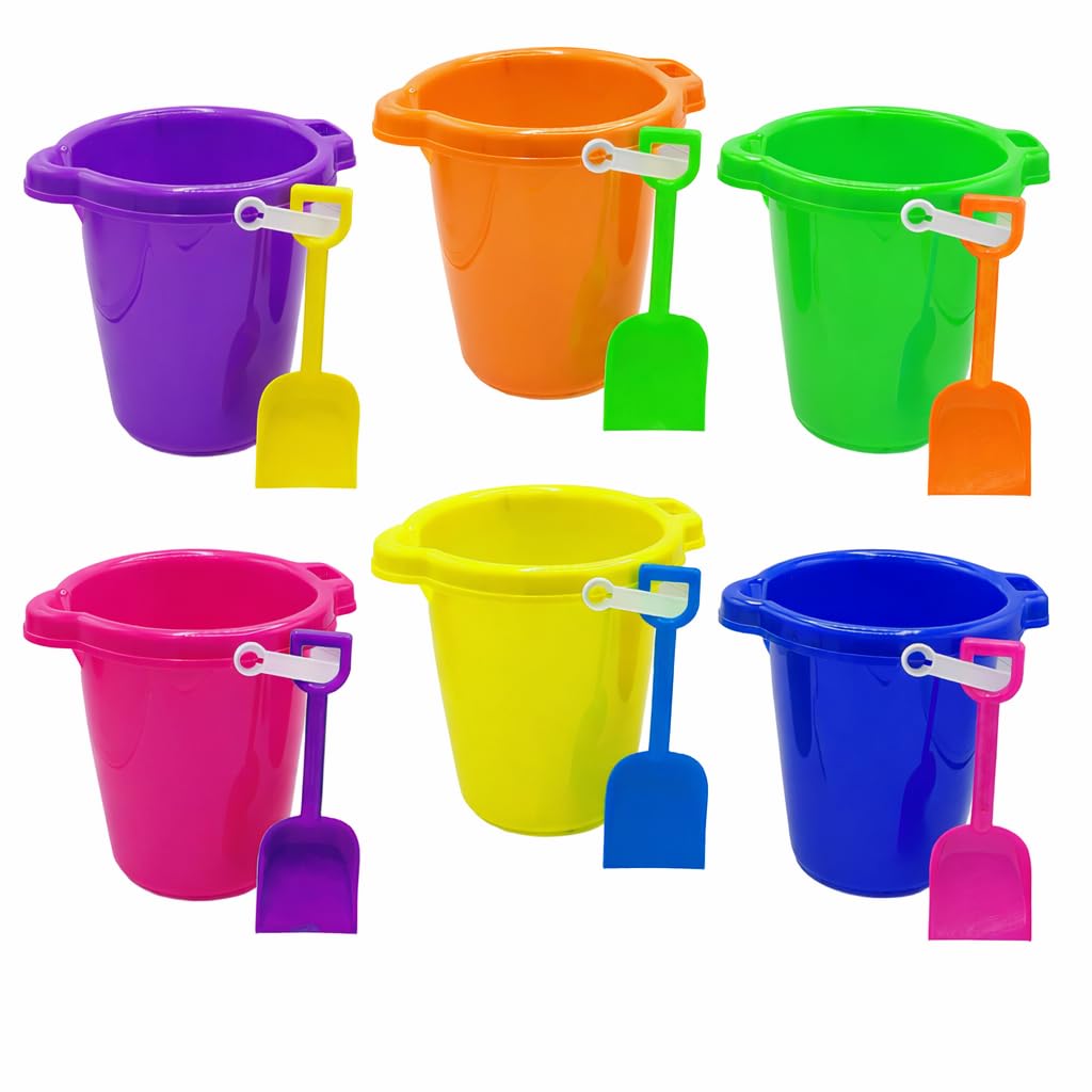 4E's Novelty 6 Pack 7.5" Beach Buckets and Shovels for Kids Bulk - Strong Large Sand Bucket for Toddler Beach Toys for Kids 3-10, Sandbox Toys