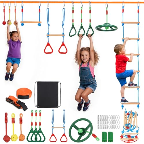 FREEAMG Ninja Warrior Slackline Set für Kinder Ninja Line Kinder Slackline 15M Hindernisse Set Turnringe Schaukel Kletterleiter Zubehör Erweiterbar Warrior Parcours Outdoor Geeignet für Anfänger