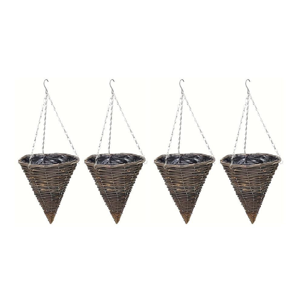 Wicker Basket Planters – Natural Rattan Willow Hanging Flower Pots with Polythene Liner & Metal Chain – Large Decorative Cone Shaped Hanging Planters for Indoor & Outdoor (Cone 30cm, 12Inch x 4Pack)
