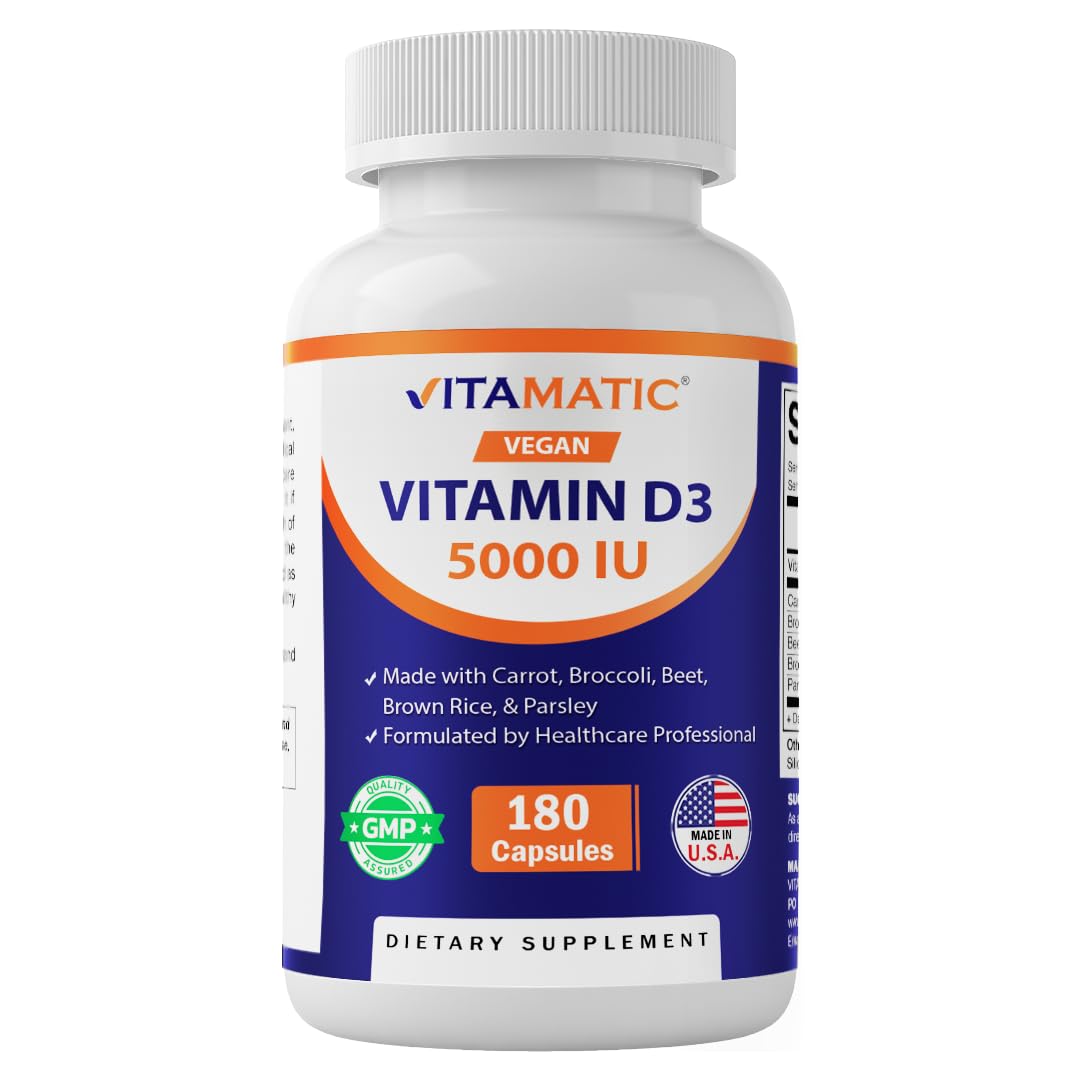 Vitamatic Vitamina D3 vegana 5000 UI (125 mcg) com líquen, cenoura, beterraba, brócolis, arroz integral e salsa, 180 cápsulas