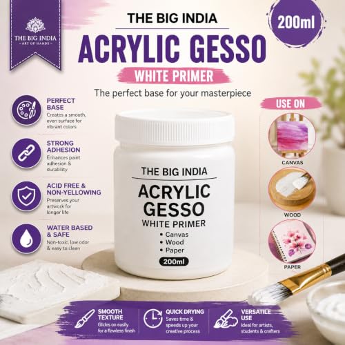 Image of Acrylic Gesso White Primer | Art & Craft Surface Sealer for Canvas, Wood, Paper, MDF & More | Smooth Matte Finish | 200ml (Pure for Sure)