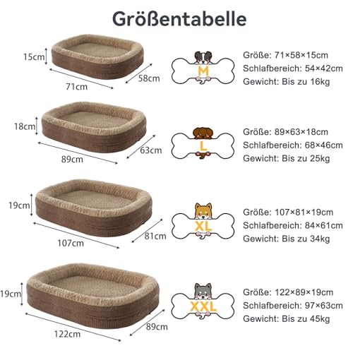 Pawk Orthopädisches Hundebett Grosse Hunde, 122x89cm, Vierseitiges Nackenrolle Hundebett Orthopädisch, Memory Foam hundebetten XXLWasserdicht rutschfest, Hundecouch mit Hohem Rand Outdoor, Brun