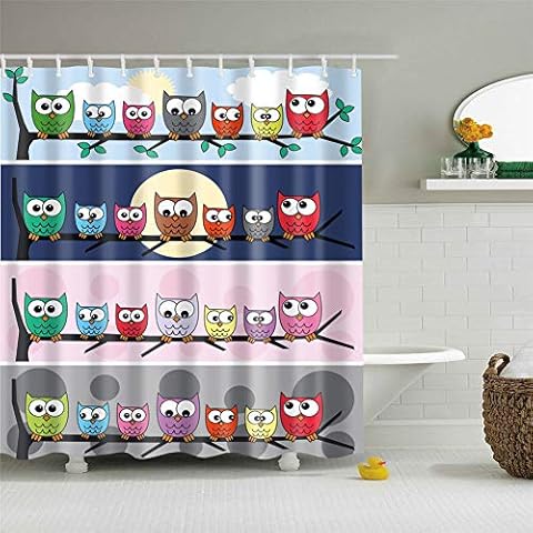 Meiju Shower Curtains Mould Proof Resistant Washable Bath Curtain for Bathroom with 12pcs Hooks Anti-mold Polyester Fabric Home Decor (180x200cm,owl) Cover
