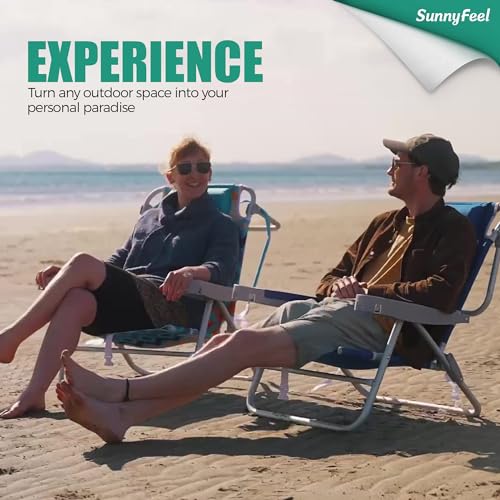 Image of SUNNYFEEL Extra Wide 28 inch Low Beach Chair 5 Position Lay Flat, XL Oversized Portable Folding Camping Chairs with Cup Holder for Outdoor /Trip, Lightweight Foldable Backpack Beach Chair for Adults