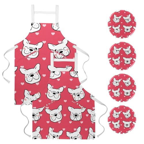 Lot de 2 tabliers de cuisine à motif carlin rose avec 4 broches