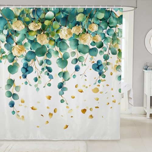 Erosebridal Eucalyptus Leaf 72" Wx78 L Shower Curtain,Green Leaves Botanical Plant Bathroom Curtains Spring Nature Leaves Bath Curtains Golden Vintage Flower Bathroom Accessories for Kids Teen Adults