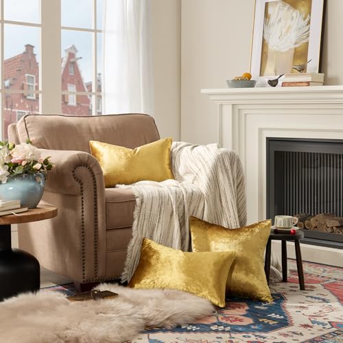Image of GIGIZAZA Gold Velvet Decorative Throw Pillow Covers for Sofa Bed 2 Pack Soft Cushion Cover (Gold, 12 x 20- Set of 2)