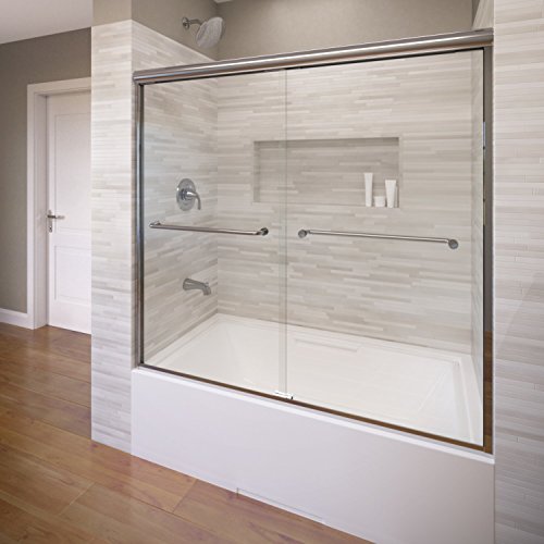 Basco Infinity Frameless Sliding Tub Door, Fits 56- 58.5 Inch Opening, Aquaglidexp Clear Glass, Silver Finish #TOP16