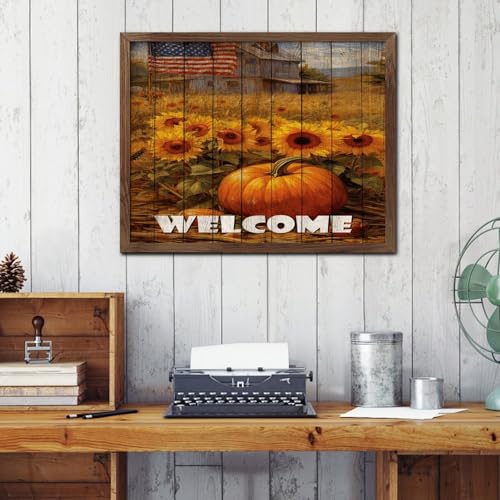 Plaque de bienvenue encadrée en bois personnalisée citrouilles d'automne