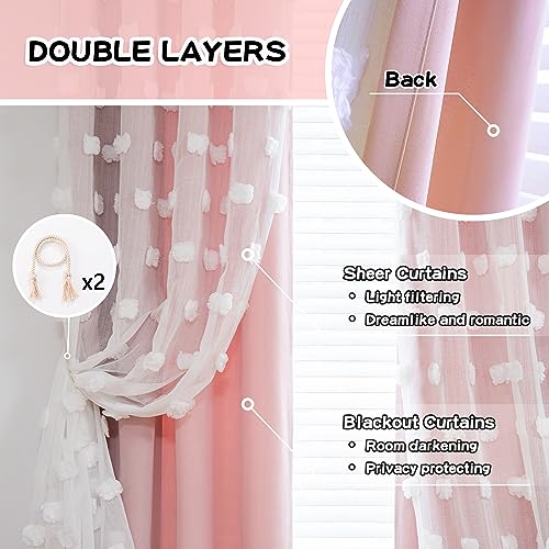 MYSKY HOME Pink Curtains for Girls Bedroom 84 Inches Long Blackout Nursery Curtains Double Layer Pom Pom Sheer Overlay Kids Toddler Room Decor Grommet Privacy Room Darkening Window Drapes 52 x 84 Inch - Image 3