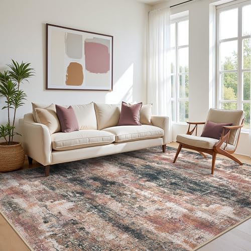 Area Rugs 9x12 for Living Room Bedroom, Modern Abstract Machine Washable Rug, Large Soft Low Pile Floor Cover with Non Slip Backing for Dining Room, Rose Rust