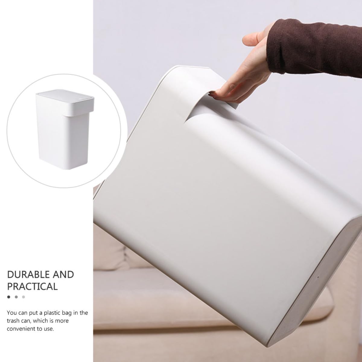 NUOBESTY Cestino per la Carta Straccia Coperchio a Pressione, Contenitore per Rifiuti Domestico Bianco Compatto, Pattumiera Versatile per Cucina, Bagno, Ufficio e Camera da Letto