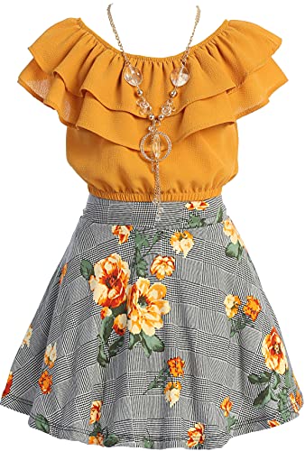 Image of Cold Shoulder Crop Top Ruffle Layered Top Flower Girl Skirt Sets for Girl