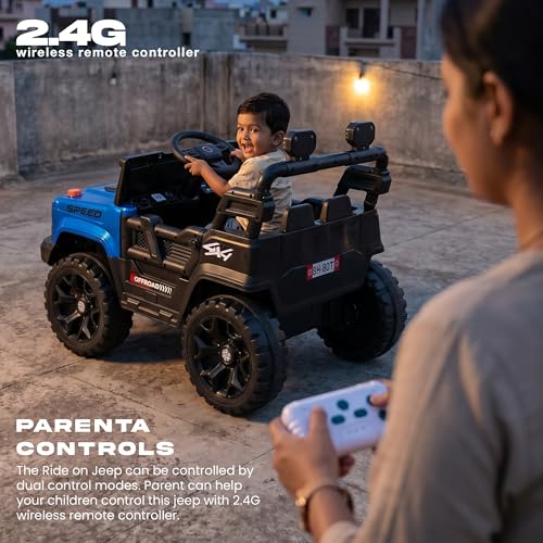 Image of Baybee SpeedRover Baby Battery Operated Jeep for Kids | Ride on Toy Electric Car with 4x4 Motors, Swing Mode, Led Lights & Music | Rechargeable Electric Ride on Toy Car for Kids 2 to 6 Years (Blue)