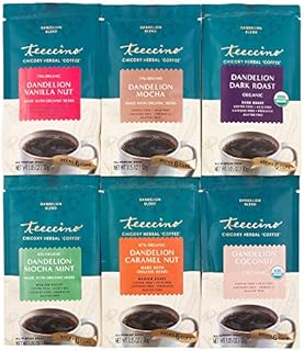 Teeccino Dandelion Herbal Coffee Sampler – 6 Trial-Size Packets – Dark Roast, Caramel Nut, Coconut, Vanilla Nut, Mocha, Mocha Mint – Caffeine-Free, Gluten-Free, Prebiotic Dandelion Coffee Alternatives
