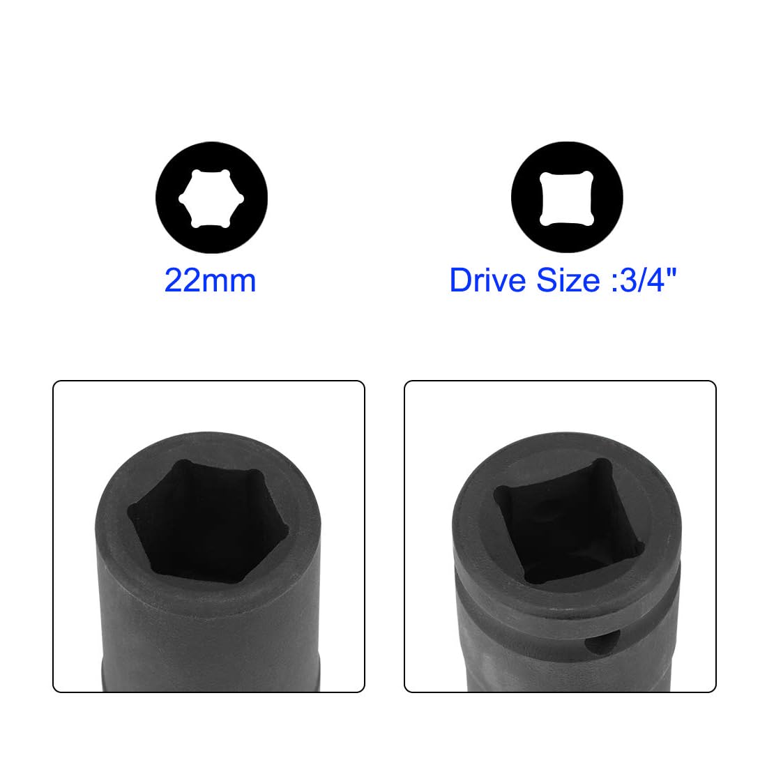 Unifizz 3/4 Inch Drive - 22mm Deep Impact Socket with 6 Point Design, Heat-Treated Cr-V Steel 78mm Length, Metric Sizes - Image 3