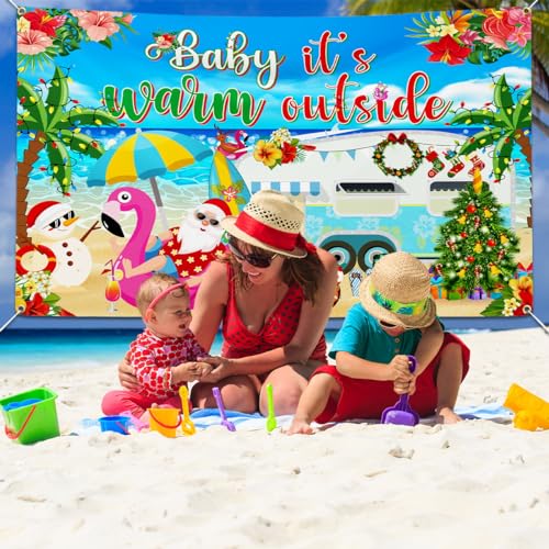 Summer Christmas Backdrop Decorations Baby It’s Warm Outside Banner, Summer Christmas Photography Backdrop with Beach Snowman Santa for Christmas Hawaiian Luau Party Decorations