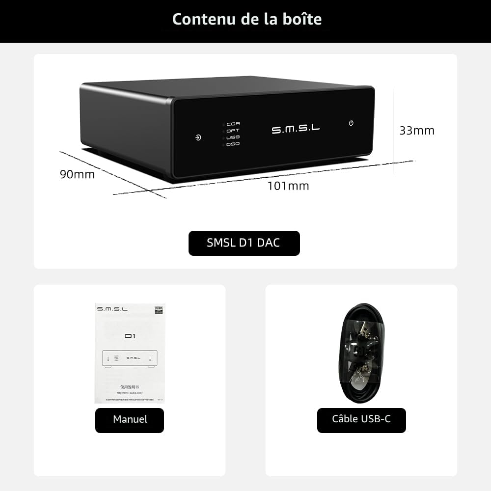 S.M.S.L D1 Hi-Res Audio Dac RohmBD34352EKVchip Touch Control RCA out 768kHz/32bit DSD512 THD+N 0.00038% MQA Audio DAC Dual USB/Optical/Coaxial input SNR126dB for phone/pad/PC/TV/DVD Home Desktop DAC